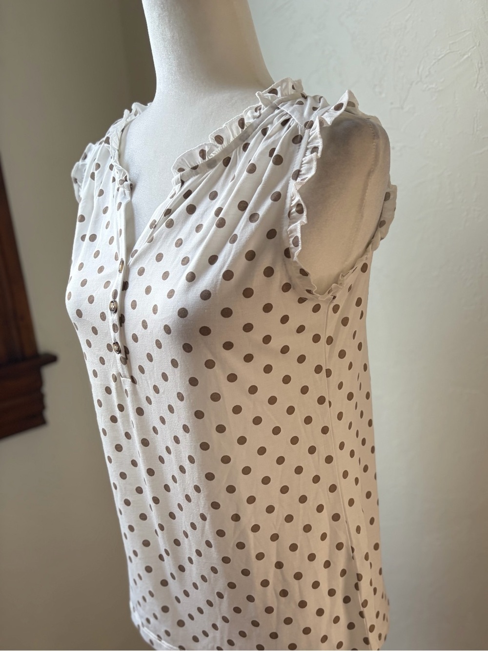 Lascana by Venus Polka Dot Ruffle Trim Henley Top XS - Picture 5 of 9